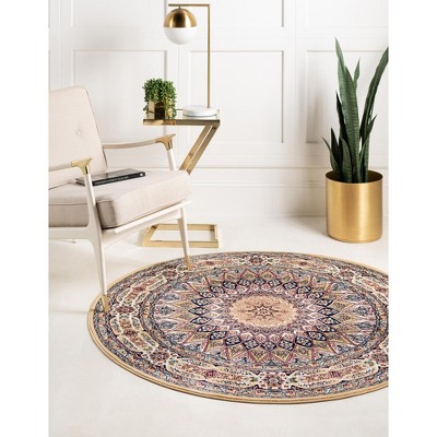 Elegant Tan Round Synthetic Indoor Rug with Traditional Persian Design