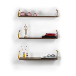 VYNXARIA Rustic Floating Wall Shelf - Wall-Mounted Triple Shelf Bracket for Books and Decorative Items, Walnut/Yellow - 1 of 4