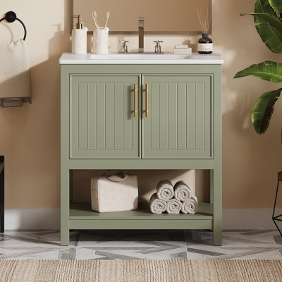VYNXARIA 30-Inch Green Bathroom Vanity with Ceramic Sink and Versatile Storage£¬Ideal for Small Bathrooms
