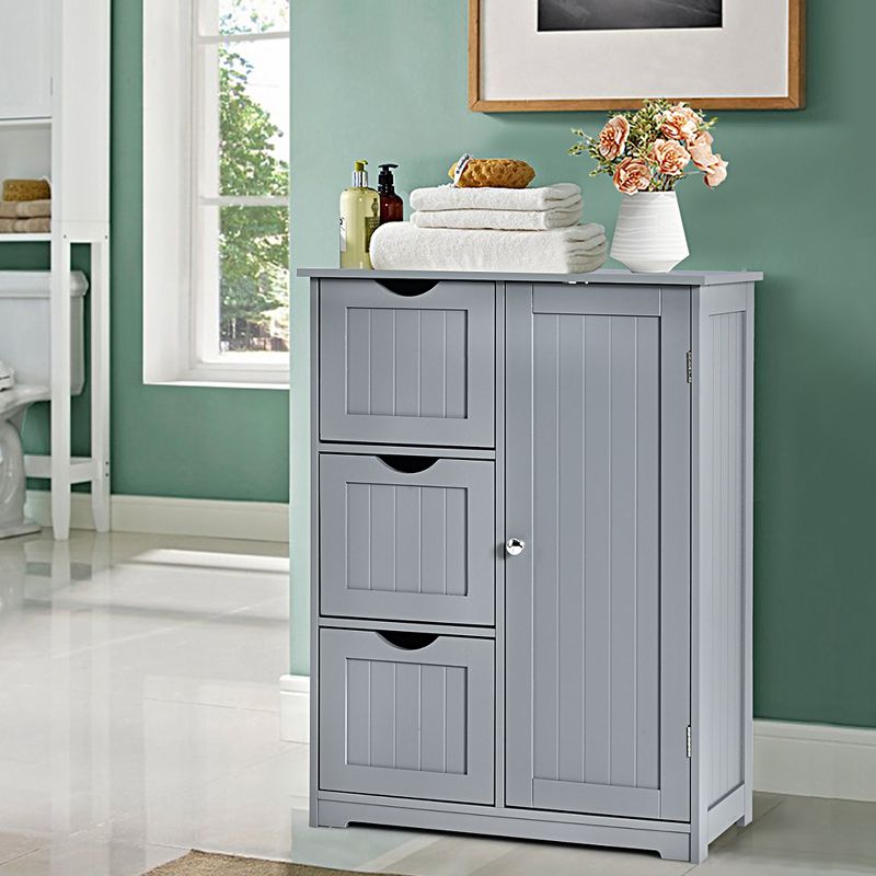 Costway Bathroom Floor Cabinet Side Storage Cabinet with 3 Drawers and 1 Cupboard Grey\ Black, 2 of 10