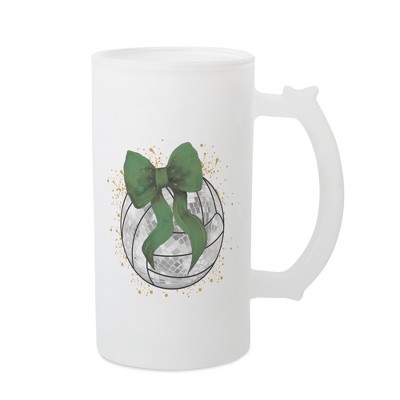 Elanze Designs Freezable Beer Stein Mug With Thumb Grip Handle, 16 Ounce Frosted Glass, Volleyball With Green Bow