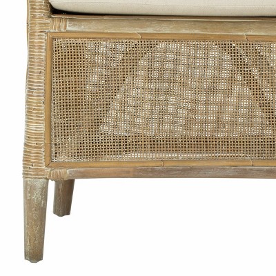 Transitional Whitewashed Rattan Armchair with Off-White Linen Cushion