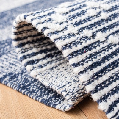 Ivory and Navy Striped Wool Cotton Area Rug