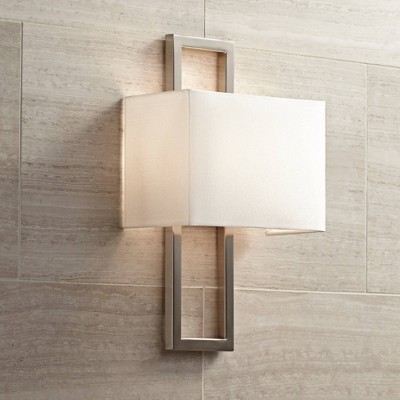Set of 2 Brushed Nickel Rectangular Wall Sconces with Faux Silk Shade