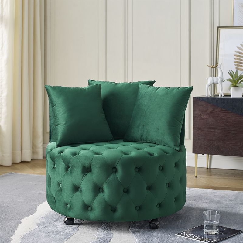 Button Tufted Living Room Upholstered Swivel Chair with Movable Wheels and 3 Pillows - ModernLuxe, 1 of 12