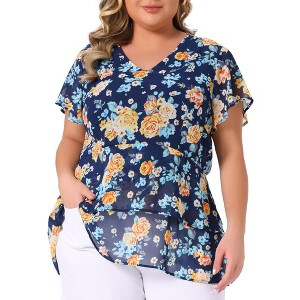 Agnes Orinda Women's Plus Size V Neck Short Sleeve Floral Print Tiered Peplum Blouses - 1 of 4
