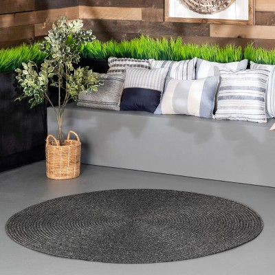 Charcoal Gray Round Braided Synthetic Indoor/Outdoor Rug