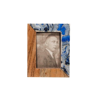 4x6 Blue Agate Stone & Acacia Wood Photo Frame w/ Glass Pane, Coastal Decor