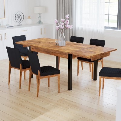 Royal Hampton 83 Inch Extendable Rectangular Dining Table, Handcrafted Mango Wood Top with Black Iron Legs