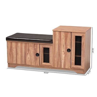 Dark Brown Faux Leather Oak Storage Bench with Cabinet