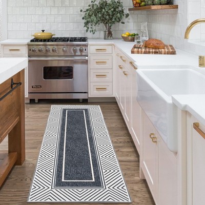 2x6 Runner Rugs for Kitchen ¨C Modern Bordered Washable Rug, Non-Slip Stain Resistant Low Pile Floor Runner for Hallway, Bedroom & Laundry (Dark Grey)