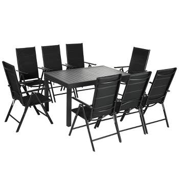 Outsunny 9-Piece Patio Dining Set for 8, Expandable Outdoor Table, Folding and Reclining Padded High Back Chairs, Aluminum Frames, Mesh Seats, Black