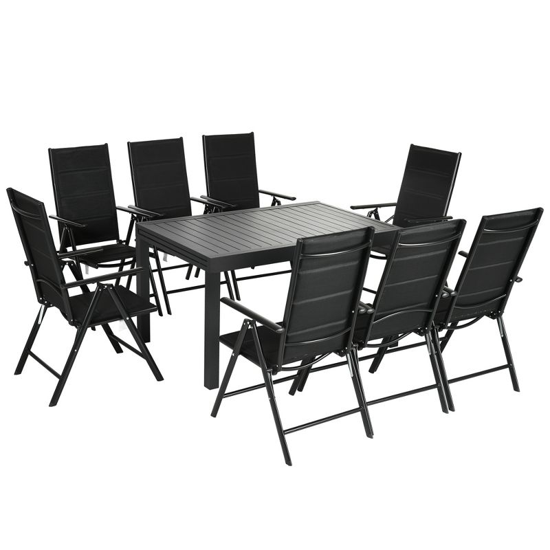 Outsunny 9-Piece Patio Dining Set for 8, Expandable Outdoor Table, Folding and Reclining Padded High Back Chairs, Aluminum Frames, Mesh Seats, Black, 1 of 8