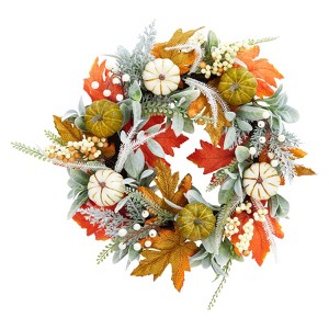 20 Inch Autumn Wreaths for Front Door, Pumpkin Wreath with Maple Leaves, Fall Wreath for Wall Window Outdoor Porch Thanksgiving Harvest Decor - 1 of 4