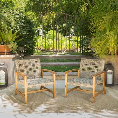 Set Of 2 Outdoor Wicker Woven Club Chairs,Rattan Dining Chair With Acacia Wood Frame,Polyethylene Rattan Patio Armrests Chair-Coolbibila