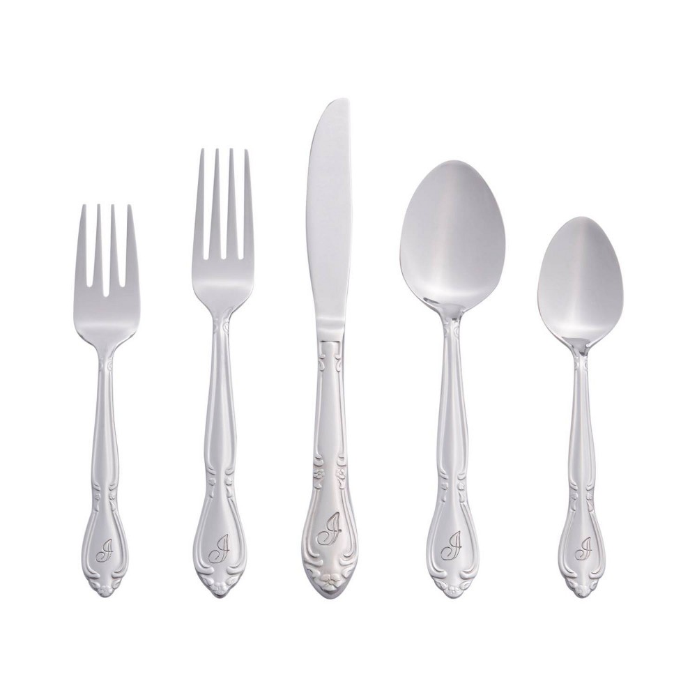 RiverRidge 46pc Personalized Rose Pattern Silverware Set I Impress family and dinner guests with this RiverRidge 46pc Monogram Rose Silverware Set A-Z. Each piece is permanently stamped with the letter of your choice. The heavy gauge stainless steel flatware has a polished mirror finish and is durable for daily use. Its traditional shape and flower blossom design will coordinate with any table setting. These pieces make a great gift for weddings or holidays. Color: One Color.