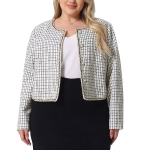 Agnes Orinda Women's Plus Size Plaid Collarless Long Sleeve Open Front Work Tweed Blazers - 1 of 4