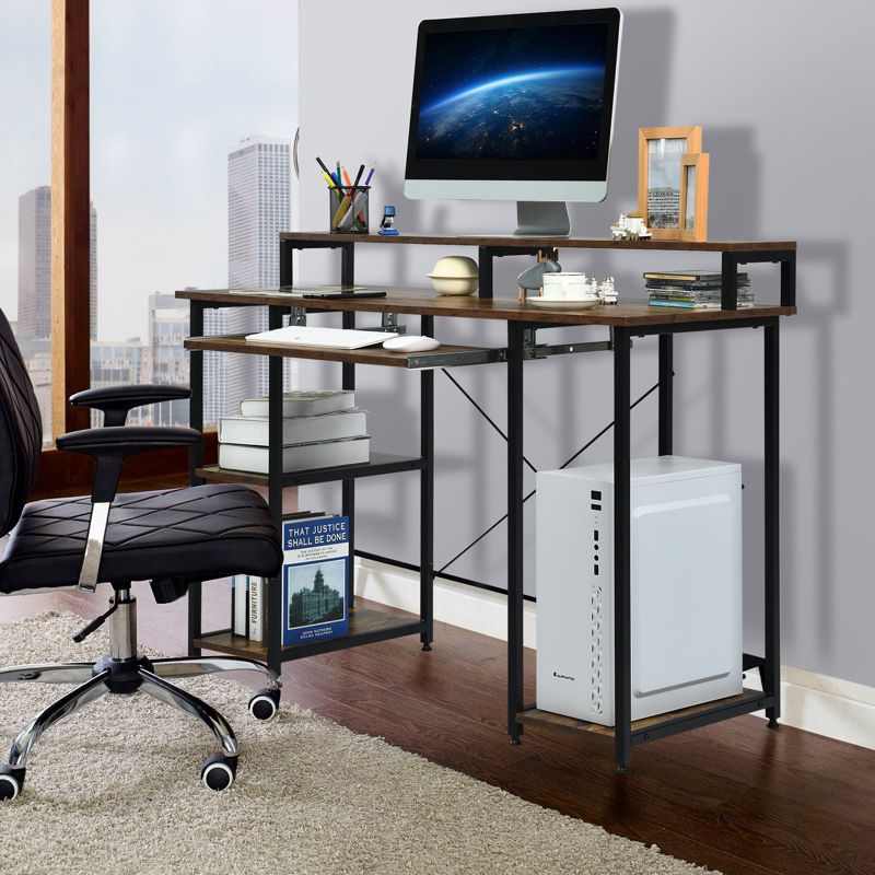 Tangkula Computer Desk Home Office Workstation w/Book Shelves for Working Studying Gaming, Rustic Brown, 3 of 11