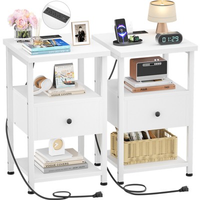 Aheaplus Set of 2 Nightstands with Charging Station and LED Light, End Table with Storage Drawer- White