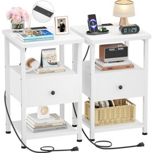 Aheaplus Set of 2 Nightstands with Charging Station and LED Light, End Table with Storage Drawer- White - 1 of 4