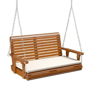 2-Person Patio Wood Porch Swing With Cushion - 1 of 4