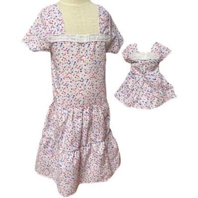 Doll Clothes Superstore Handmade Girls Size 8 Flower Dress with Matching 18-Inch Doll Outfit
