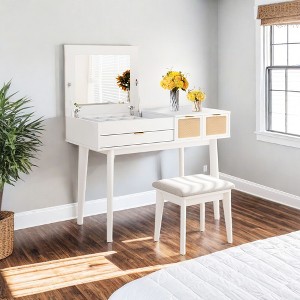 NicBex Vanity Desk with Mirror 43.3" Vanity Table with Flip-top Mirror, Classic Wood Makeup Vanity with 3 Drawers and 1 Upholstered Stool - 1 of 4