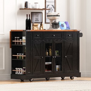 53''W Farmhouse Kitchen Island with Drop Leaf, Glass Cabinet Doors, Power Outlet, Rolling Kitchen Cart with Storage Racks & Drawers -ModernLuxe - 1 of 4