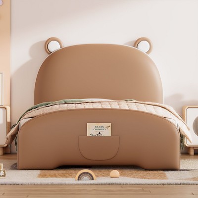 NicBex Twin Size Upholstered Bed Frame with Bear-Shaped Headboard for Kids,Footboard with Storage Pocket,No Box Spring Needed,Easy Assembly