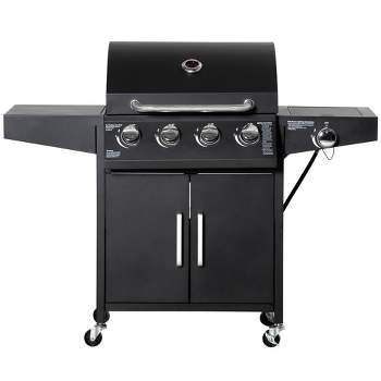 Outsunny 4+1 Burner Liquid Propane Gas Grill Outdoor Cabinet Style BBQ Trolley w/ Side Burner, Warming Rack, Side Shelf, Storage Cabinet, Thermometer, 4 Wheels, Carbon Steel
