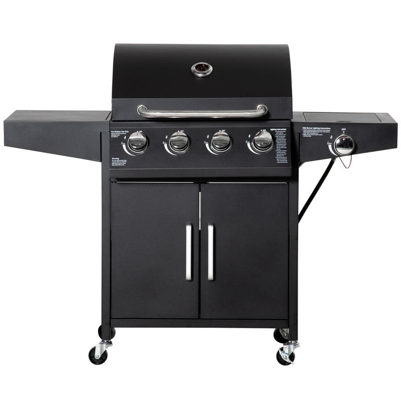 Outsunny 4+1 Burner Liquid Propane Gas Grill Outdoor Cabinet Style BBQ Trolley w/ Side Burner, Warming Rack, Side Shelf, Storage Cabinet, Thermometer, 4 Wheels, Carbon Steel, 1 of 7
