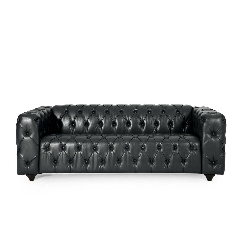 Sagewood Contemporary Faux Leather Tufted 3 Seater Sofa Midnight Black/Dark Brown - Christopher Knight Home, 1 of 12