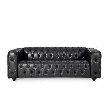 Sagewood Contemporary Faux Leather Tufted 3 Seater Sofa Midnight Black/Dark Brown - Christopher Knight Home