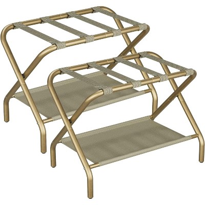 Luggage Rack, Foldable Suitcase Stand with Fabric Storage Shelf, Luggage Holder with 4 Nylon Straps