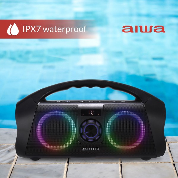 Altavoz portátil Bluetooth Aiwa con iluminación LED multicolor y pantalla digital, resistente al agua IPX7 7