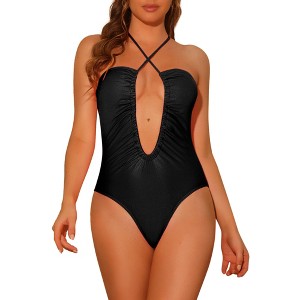 Elerevyo Women's Criss Cross Halter Cutout Drawstring Plunge Swimwear Bathing Suit Monokini One Piece - 1 of 4