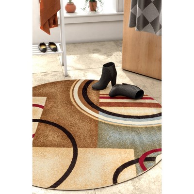 Ivory and Multicolor Round Geometric Area Rug 5'3"