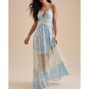 Clotth Women Spaghetti Strap Tie Shoulder Floral Maxi Dress Y2k Lace Trim Ruffle Long Dress Summer Boho Flowy Sundress, Blue - 1 of 4