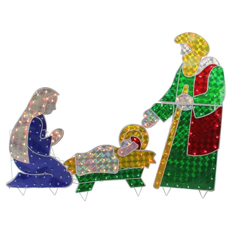 Northlight 3pc Blue and Green Pre-Lit Holographic Nativity Set Outdoor Christmas Decor 53", 1 of 3