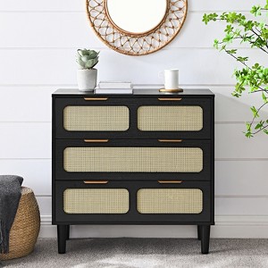 ALEXOUN 3 Drawers Dresser for Bedroom,Farmhouse Rattan Dresser,for Closet Storage,Wood Drawer Organizer for Bedroom,Living Room,Hallway,Black - 1 of 4