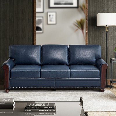 Eulalia Transitional Leather 82"wide Sofa With Rolled Arms And Solid ...