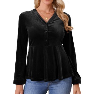 INSPIRE CHIC Women's Winter Velvet Long Sleeve V Neck Button Down Elegant Peplum Casual Blouse - 1 of 4