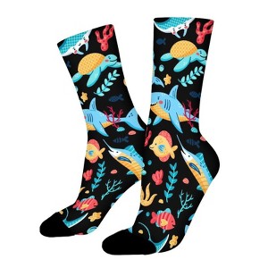 Sea Animals Shark Fish Turtle Women Printed Crew Socks Funny Funky Socks Soft Polyester Novelty Gifts for Artists Men - 1 of 1