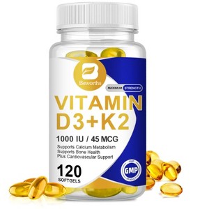 B Beworth Vitamin D3 K2 1000 IU - Supports Bone & Heart Health - 120 Capsules - 1 of 4
