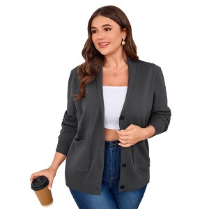 Plus Size Women's Notched Collar Knit Cardigan Pocket Sweater Coat - 1 of 4