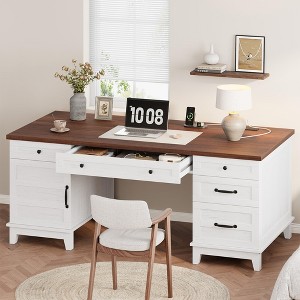 60" Executive Desk with Power Outlet, Home Office Desk with Drawers, Wooden Work Desk with File Cabinet, Computer Desk for Work, Study, Writing - 1 of 4