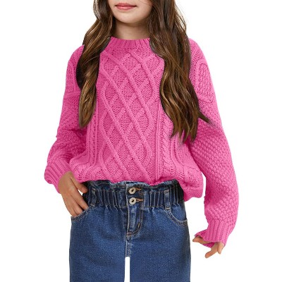Girls Pullover Sweater Cable Knit Crew Neck Long Sleeve Sweater Knit Tops,Rose Pink - L