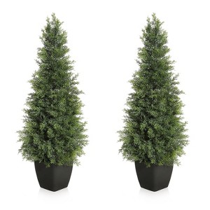 Artificial Cedar Topiary Trees (Set of 2) - Realistic Faux Potted Cypress for Indoor/Outdoor, Porch & Home Decor - 1 of 4