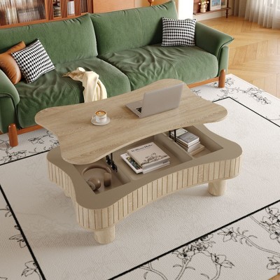 NicBex Vintage Lift-Top Storage Coffee Table with Fluted Panel Sides & Curved Corners,Irregular Tea table Center Table for Living Room,Study