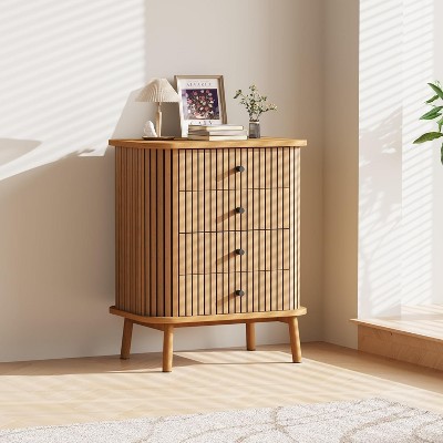 Garvee 4-Drawer Boho Style Dresser with Imitation Bamboo Surface, Matte Black Handles and Wood Legs ¨C Bedroom Nightstand and Storage Chest